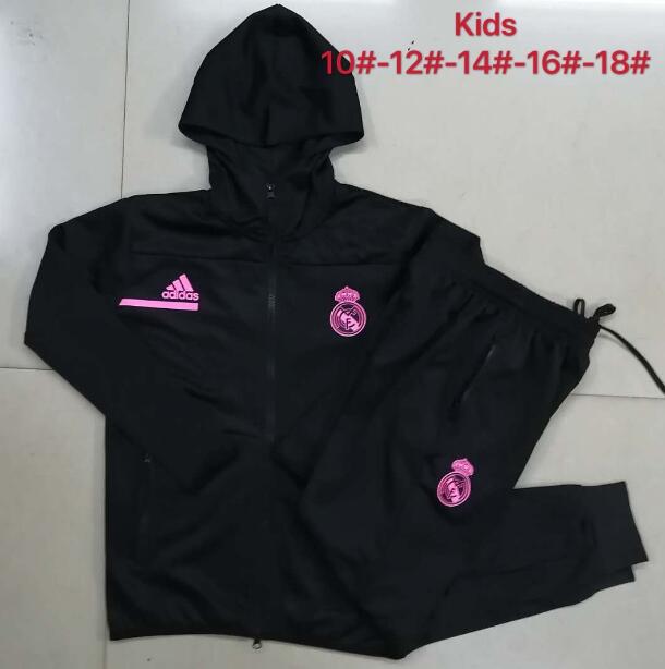 Kids Real Madrid Black Training Kits Youth Hoodie Jacket with Pants 2020/21